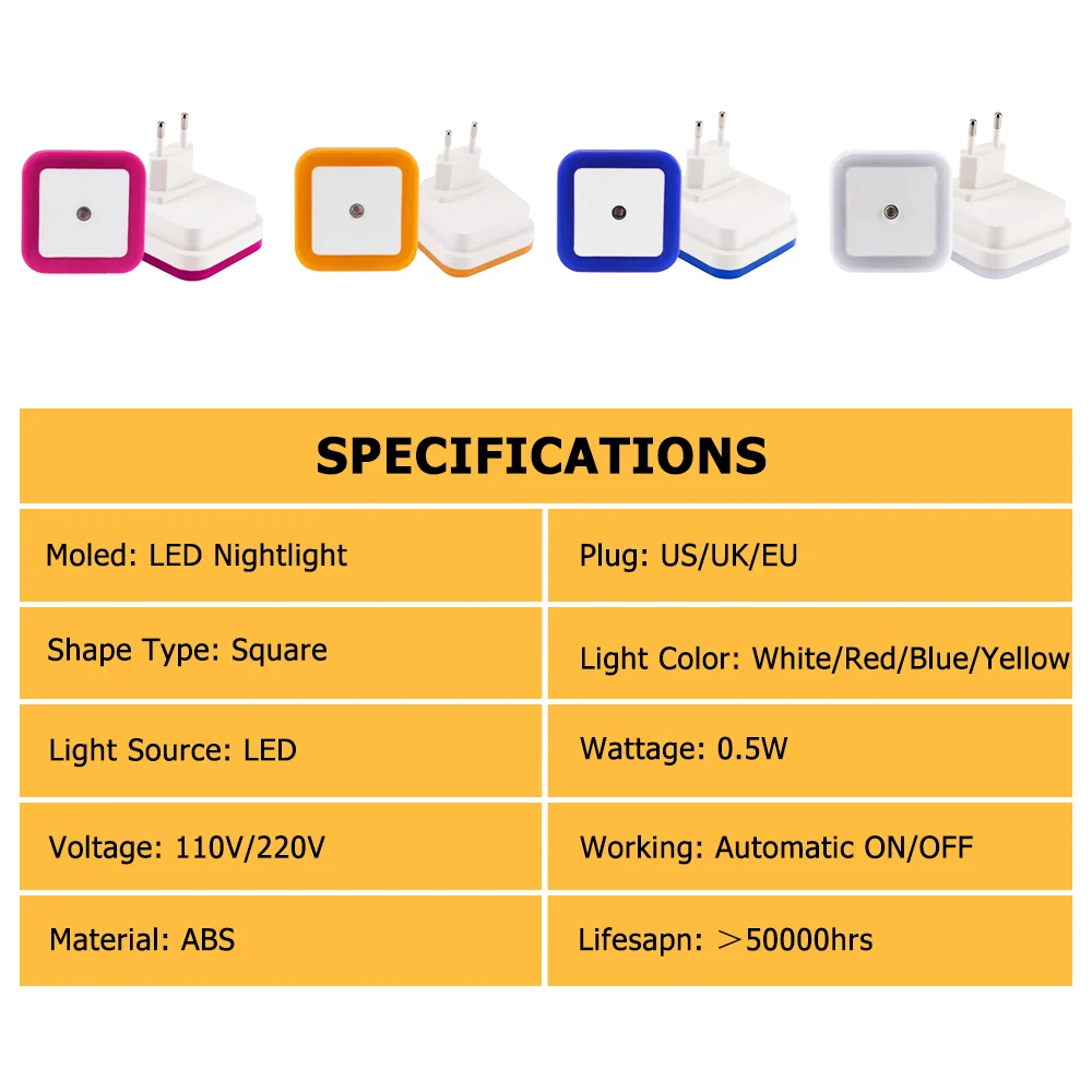 Eu/Us/Uk Plug Mini Led Nachtlampje 110V/220V Vierkante Vorm Wandlamp Sensor Controle Energiebesparend Licht Voor Kamer Trap Gang