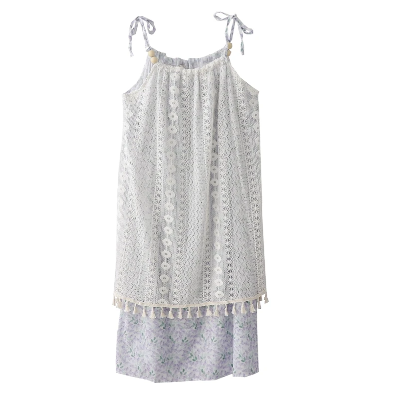 Vestido de dos piezas con tirantes de encaje y borlas para mujer, vestido de hada Floral de longitud media, estilo playero francés, novedad de verano