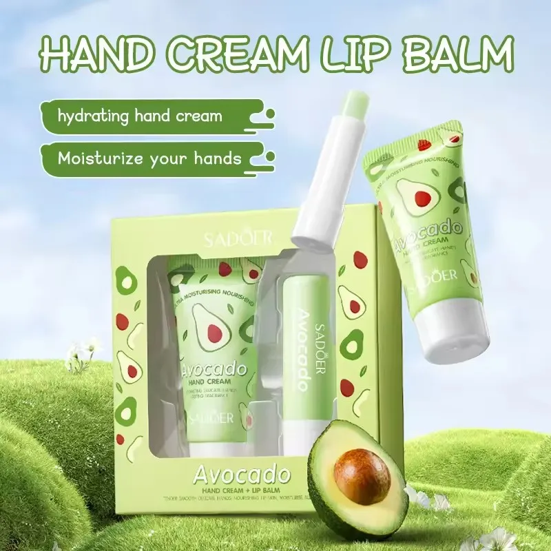 2pcs/Set SADOER Avocado Hand Cream Lip Balm Skin Care Sets Moisturizing Plump Lips Lipstick Lip Plumper Hands Skin Care Products