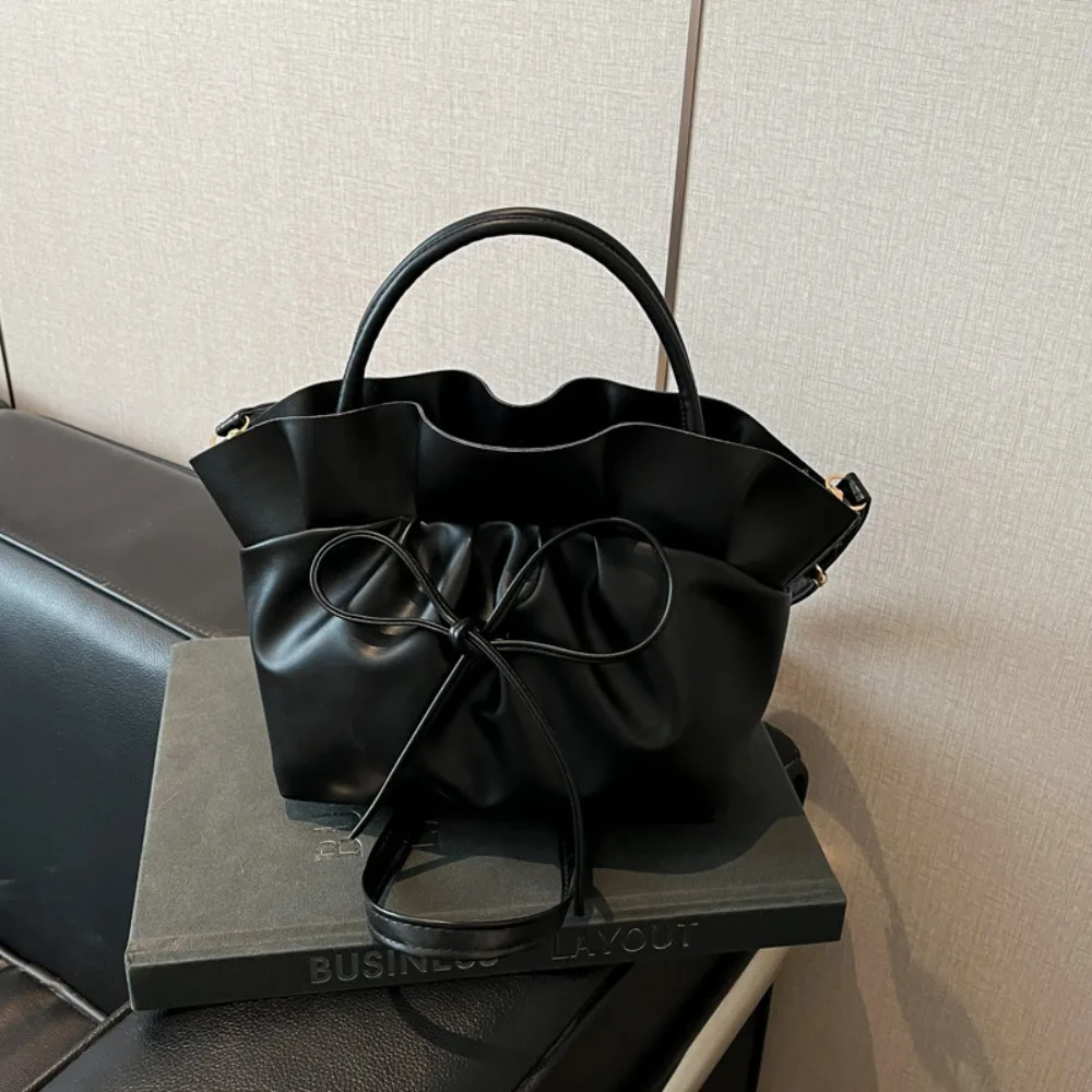 

Portable Sweet PU Leather Shoulder Bag Large Capacity Pure Color Bowknot Crossbody Bag Elegant Ruffles French Handbag Streetwear