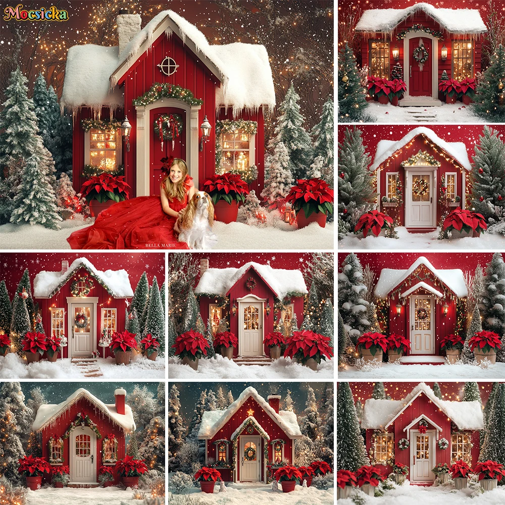 

Mocsicka Red Snowy House Background Photography Christmas Eve Forest Xmas Flowers Potted Backdrop Family Winter Outdoor Photo