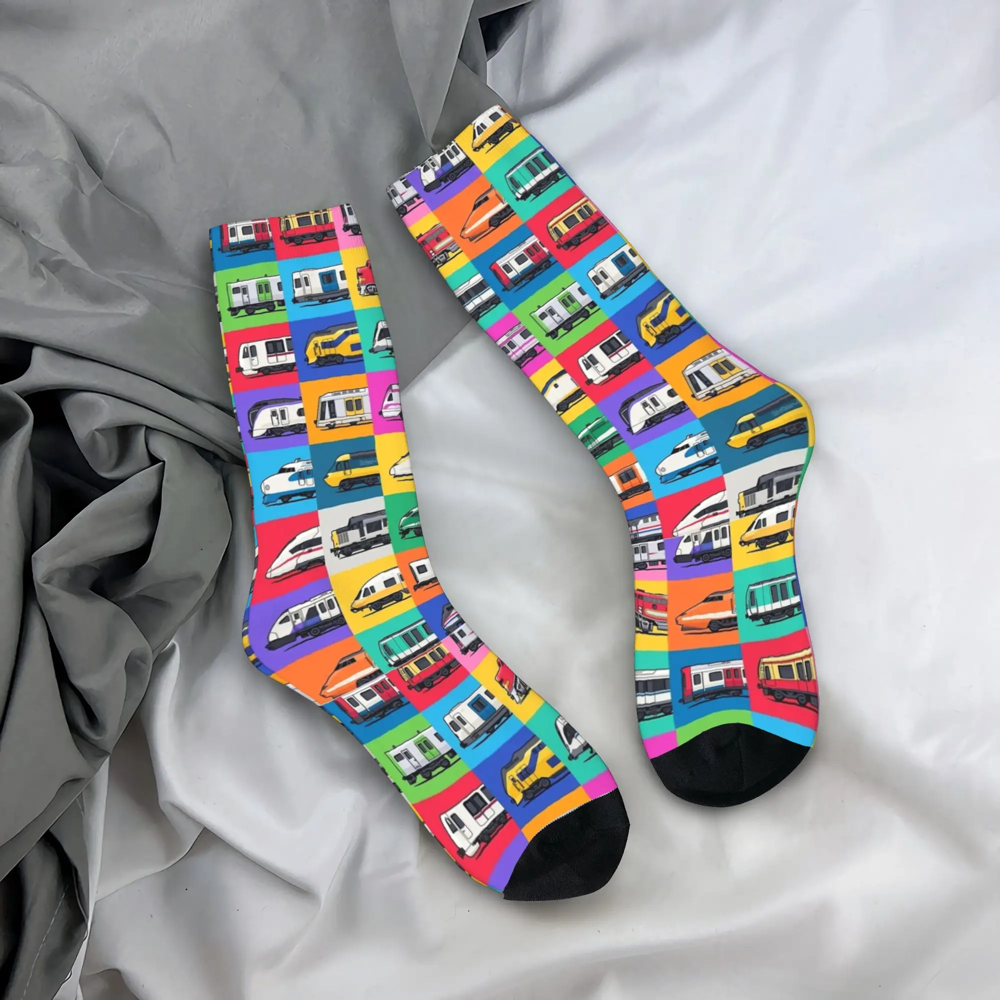 World Trains Grid Pattern Stockings  Gothic Socks Women Men Warm Soft Socks Autumn Climbing Printed Anti Sweat Socks Gift