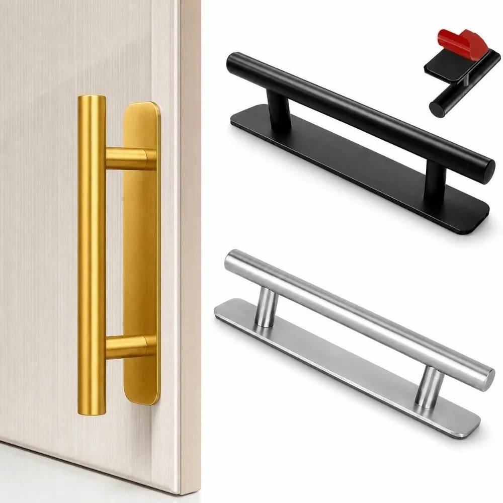 1PCS Self-Adhesive Stick-On Cabinet Handles Stainless Steel No-Punch Door Pulls Punch-Free Black Silver Color Hardware Pulls
