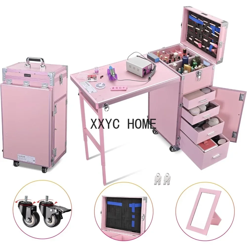 Rolling Manicure Table Foldable Nail Table Makeup Train Case with Desk Cosmetic Trolley Travel Storage Organizer