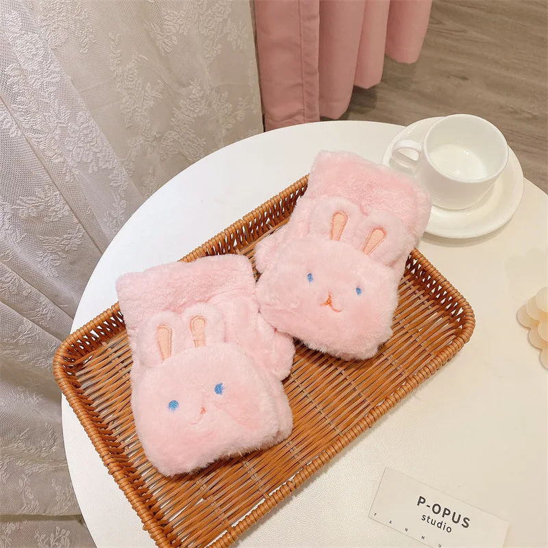 1Pair Girl Winter Half Finger plush Cute rabbit Gloves Warm Luxury Plush Fingerless Glove  Writting Mittens clamshell-type Glove