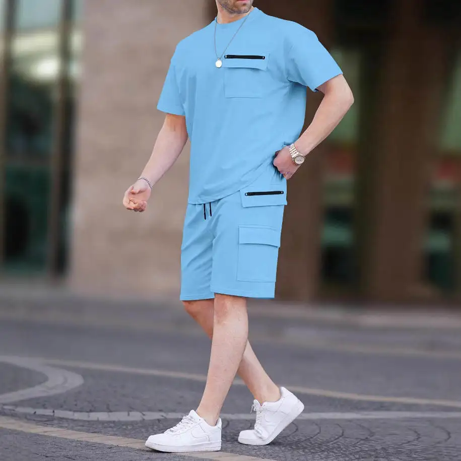 

Летний мужской повседневный комплект: футболка с коротким рукавом и шорты, рабочая одежда с множеством карманов, удобный, дышащий, для активного отдыха