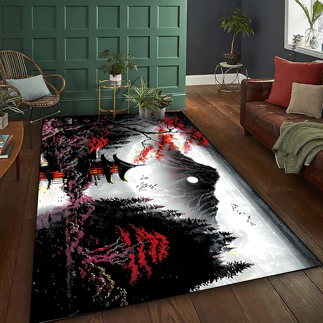 1pc Japanese Cherry Blossom & Mountain Pattern Rectangular Area Rug, Machine‑Washable Polyester, Vibrant Nature‑Inspired Indoor