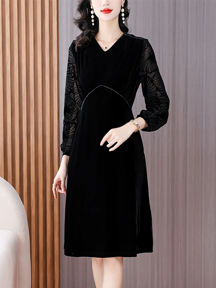 2024 Black Velvet Patchwork Hollow Out Long Sleeve Dress Autumn Winter Elegant and Pretty Ladies Dress Women Korean Party Dress