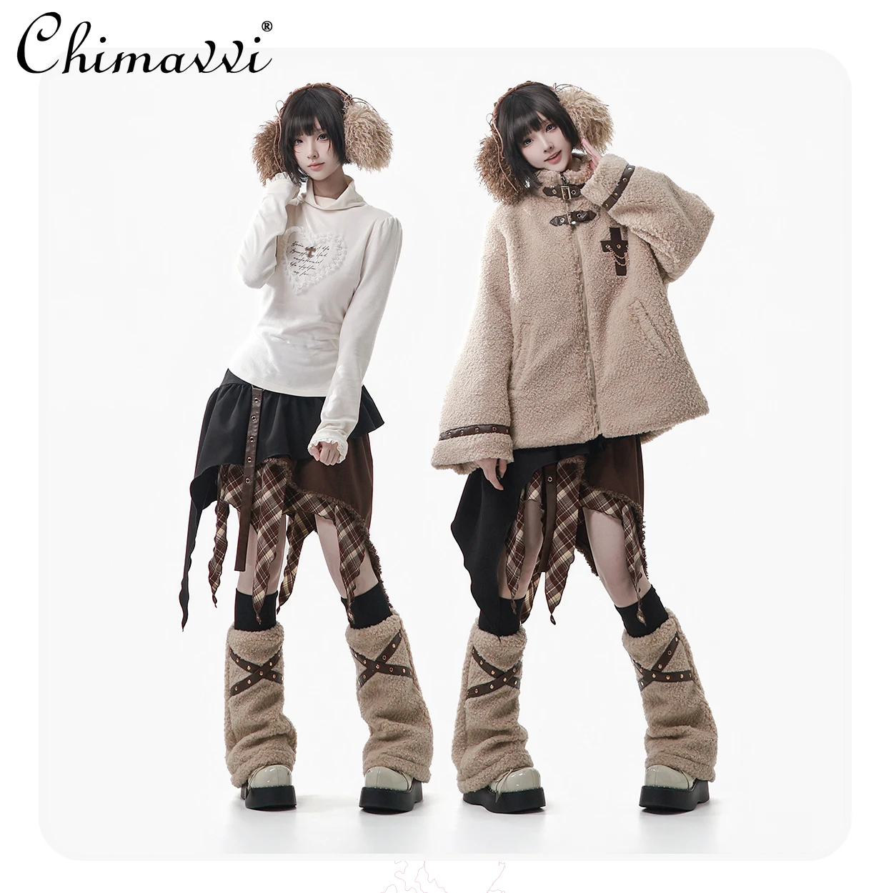 Japanese Style Coffee Color Silver Fox Fur Lamb Wool Coat Winter New Fashion Long Sleeve T-Shirt Top Skirt Set Women's Warm Set