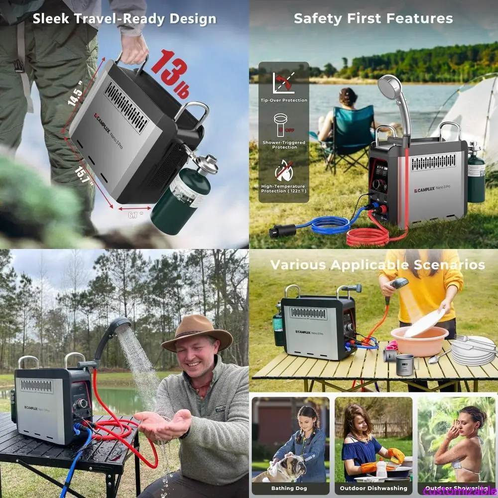 سخان مياه محمول من البروبان ومضخة دش مع بطارية مدمجة للتخييم، تصميم مدمج