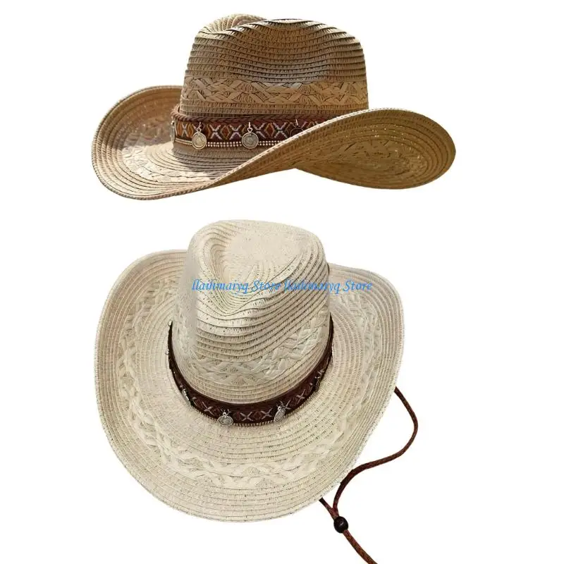 

573B Classical Woven Sun Hat Drawstring Design Wide Brims Straw Hat For Beach Wear