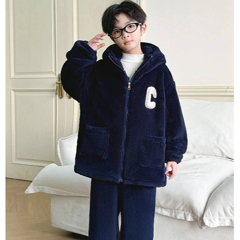 طقم بيجامة من الصوف المرجاني للمراهقين، ملابس نوم شتوية من الفلانيل القطيفة للأولاد