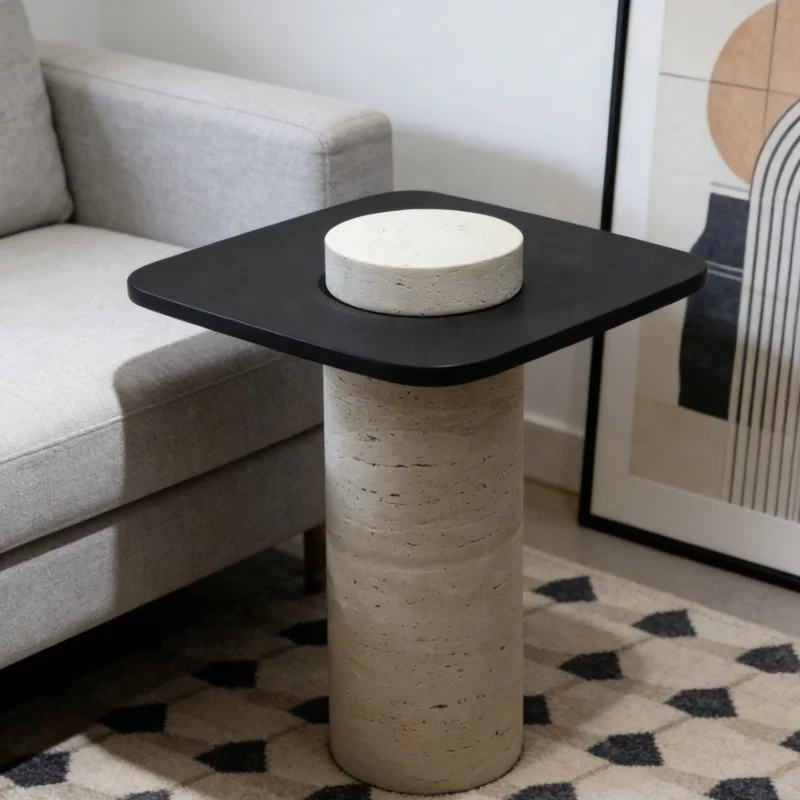 

✿p Direct Sale Natural Travertine Coffee Table Solid Wood Base Luxury Outdoor Contemporary Design UV-Resistant Waterproof Table