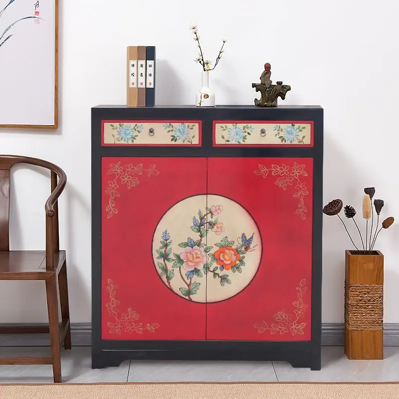 New Chinese-style retro entrance cabinet, red and black flower painted double-door locker, door storage shoe cabinet