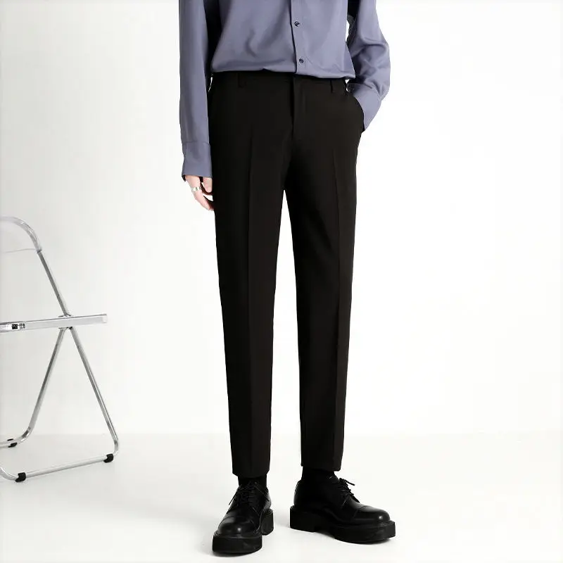 2023 Spring and Autumn Men's Solid Zipper Pocket Button Open Thread Decoration Slim Fit Casual Fashion Elegant Commuter Pants