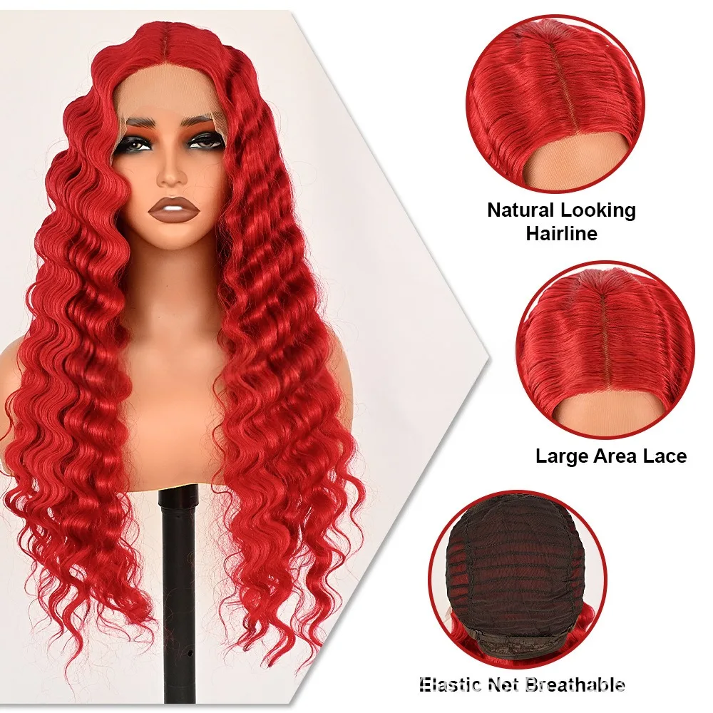 28 Inch Deep Wave Bright Red Lace Front Wig for Women Glueless Heat Resistant Synthetic T Part Wig 150% Density Fire Red Cosplay