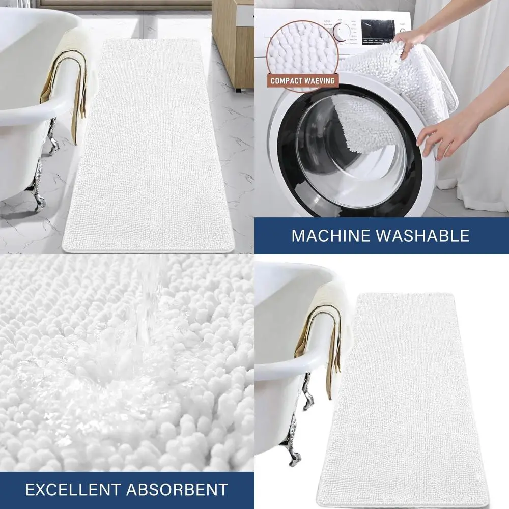 

24x70 Plush Shaggy Bath Rugs, Non-Slip, Washable, White Chenille for Luxurious Bathroom & Shower