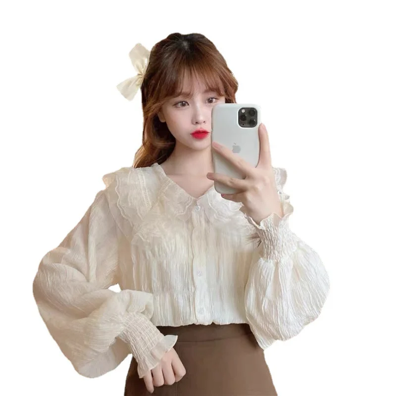 قمصان نسائية طويلة الأكمام من الساتان المرقعة بأزرار سفلية بقصة ضيقة وياقة دائرية أنثوية أنيقة ملابس غير رسمية للمكتب الفرنسي