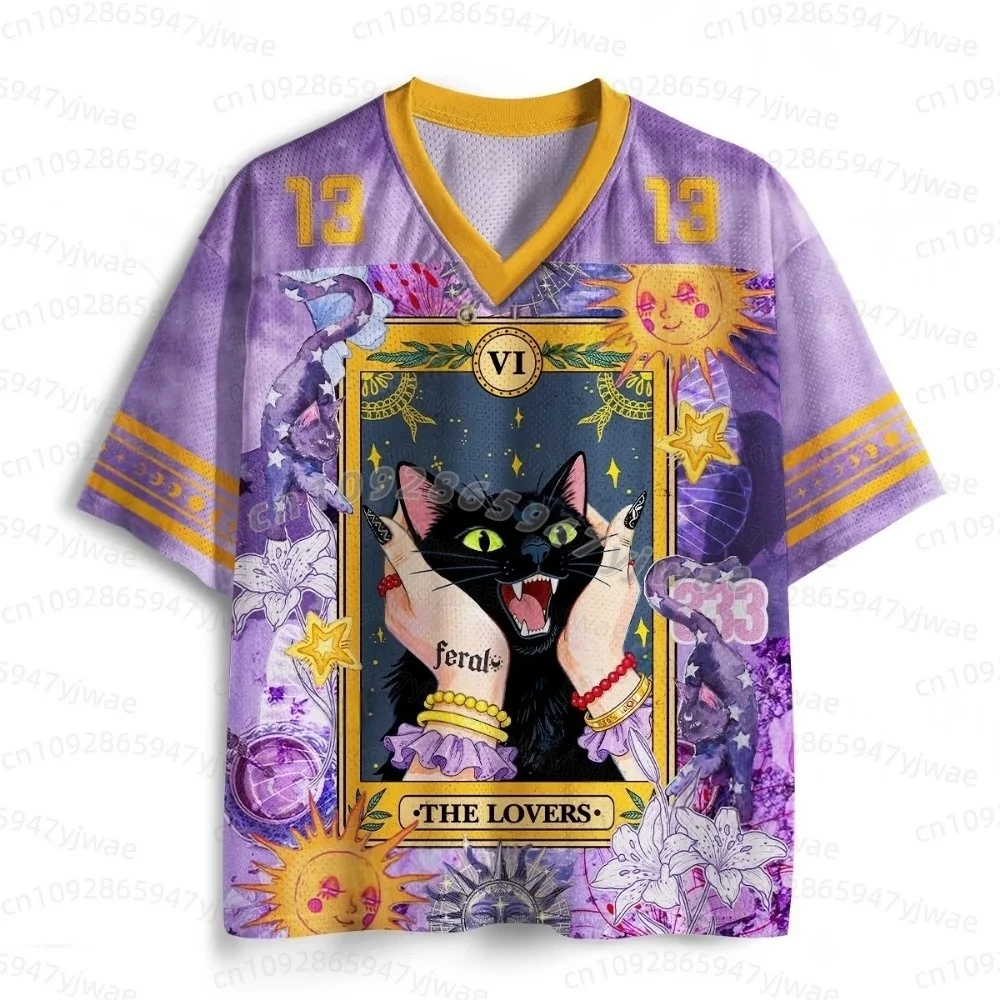 2026 JAPANESE Couple Tarot Black Cat No. 13 Jersey with Mysterious Sun and Moon Print Purple Mesh V-neck men women T-shirt