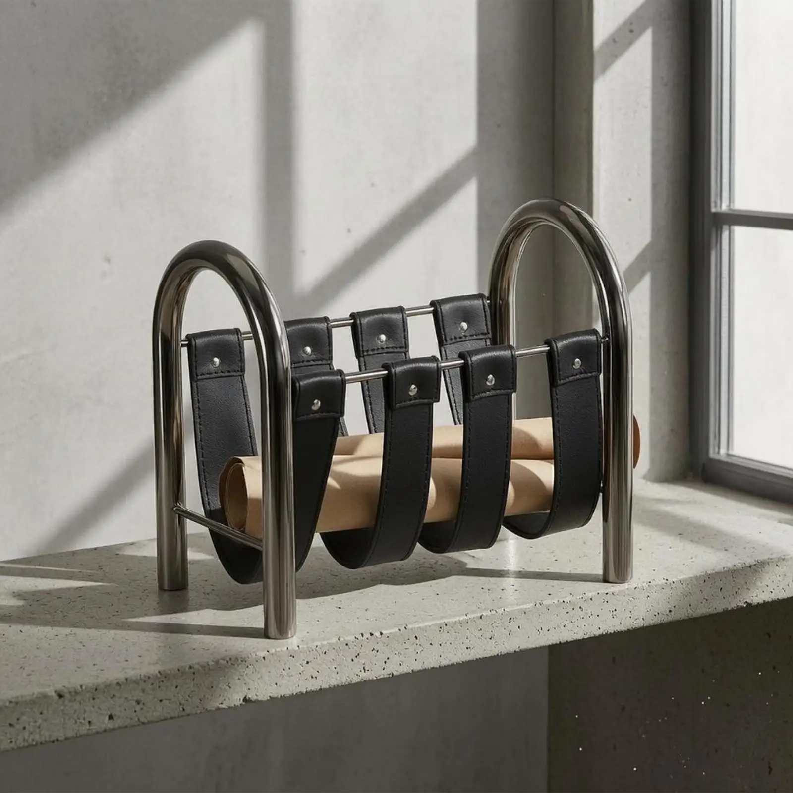Leather Strap Magazine Rack Arched Side Supports Metal Magazine Rack Rivet-Style Fasteners