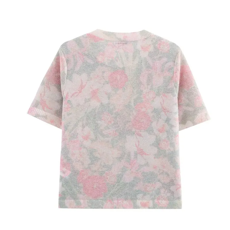 Spring 2025 Women's Faion round Ne ort Sve Knitted Top Floral Print Versatile New Arrival Commute Sle Polyester Blend