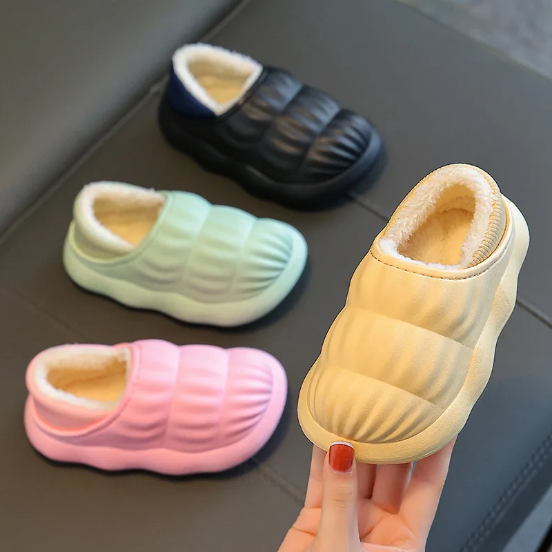 Children Indoor Slippers Autumn Winter Warm Cotton Shoes Cover Heel Solid Color Flip Flops Boys Girls Soft Non-slip Home Shoes