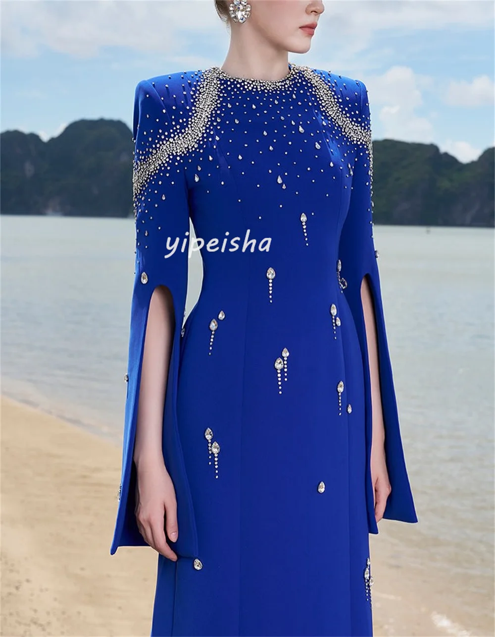 Robe longue en Jersey complexe scintillant, personnalisée, plissée, strass, paillettes, col haut, robes d'occasion sur mesure, rétro