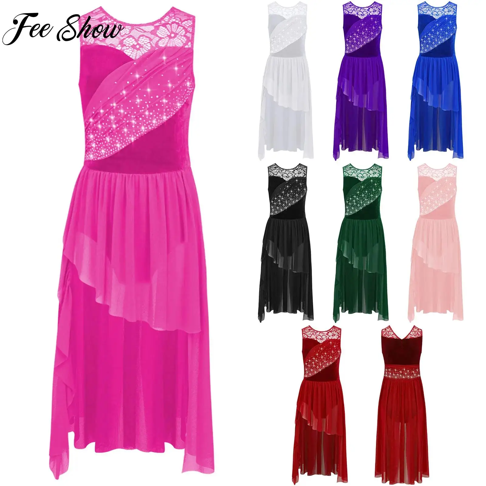 

Girls Contemporary Dress Children Sleeveless Lyrical Modern Dance Costume Lace Patchwork Ruched Rhinestones Mesh Overlay Dress