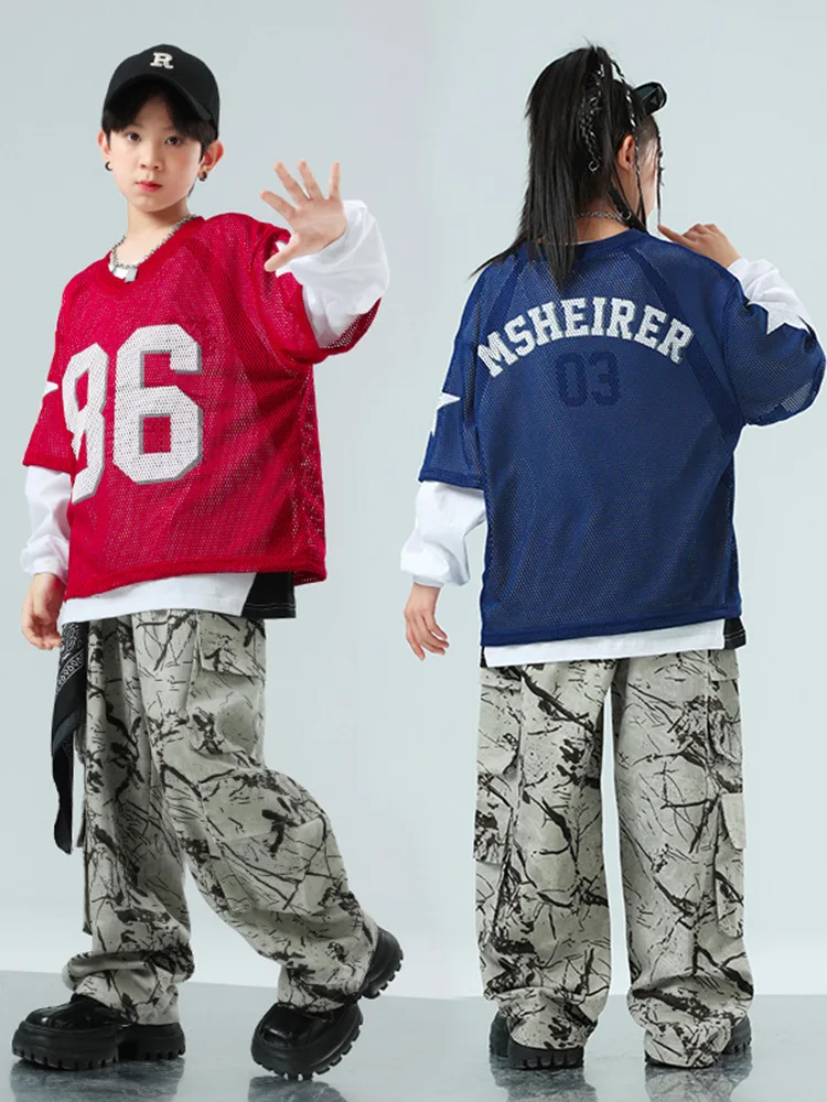

Kid Kpop Hip Hop Clothing Blue Net T Shirt Sweatshirt Branch Print Casual Cargo Pants for Girl Boy Jazz Dance Costumes Clothes