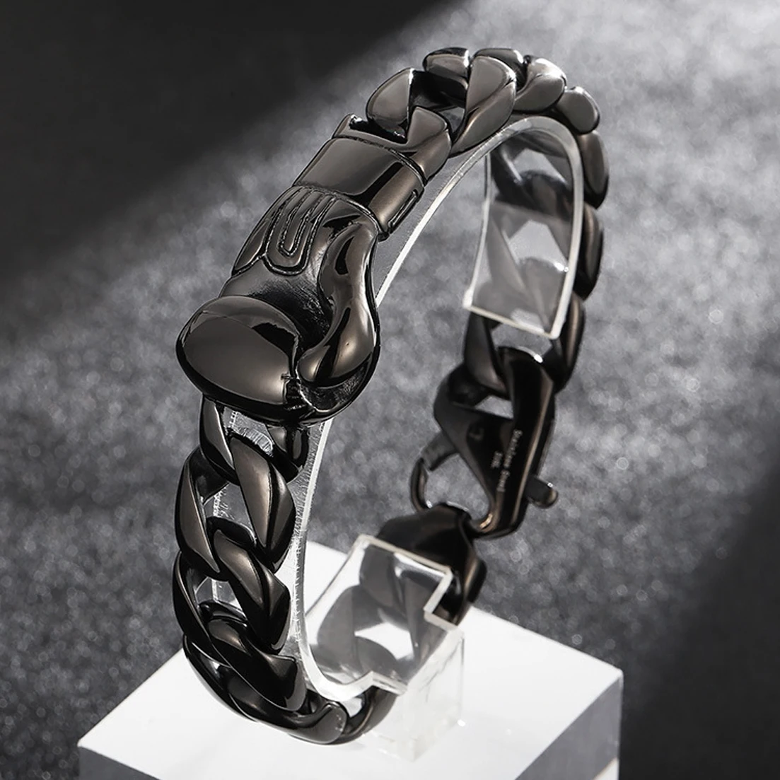 High Quality Men's Black Stainless Steel Boxing Glove Curb Chain Wristband Bracelet 8.66