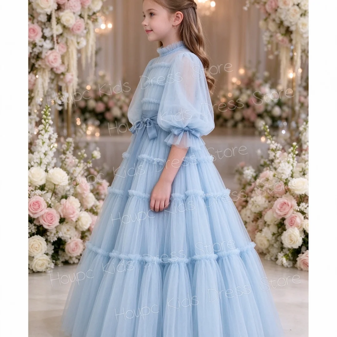 Girl's Light Blue Sheer Flower Girl Dress with Stand Collar, Puff Sleeves, Bow Waist, Multi-Layer Long Skirt, Children's Formal