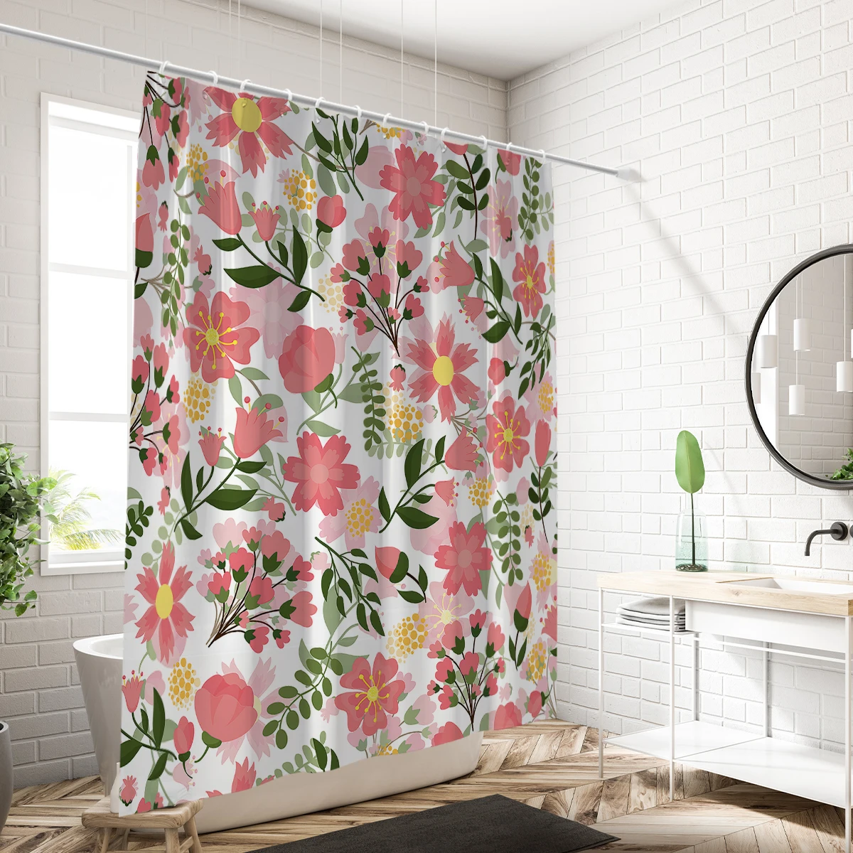 1 piece of 180x180cm pink fresh floral print shower curtain, partition bathroom waterproof and mold resistant home decoration