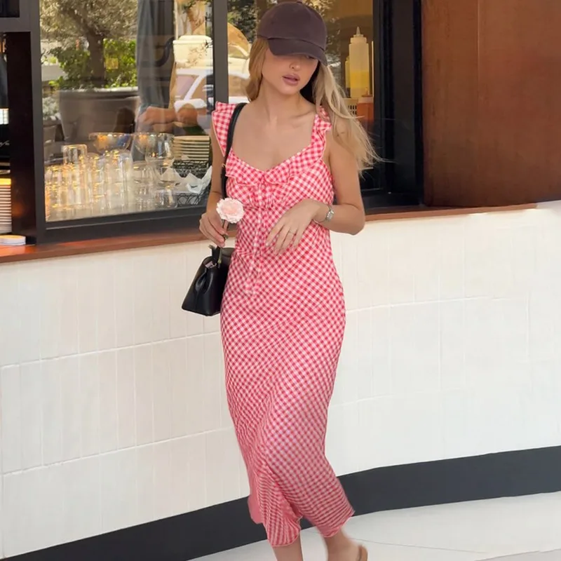 

Ticketsx V-neck colour-block plaid lace-up fitted dress Summer fashion sexy backless dress Beach Vacation party women's dress