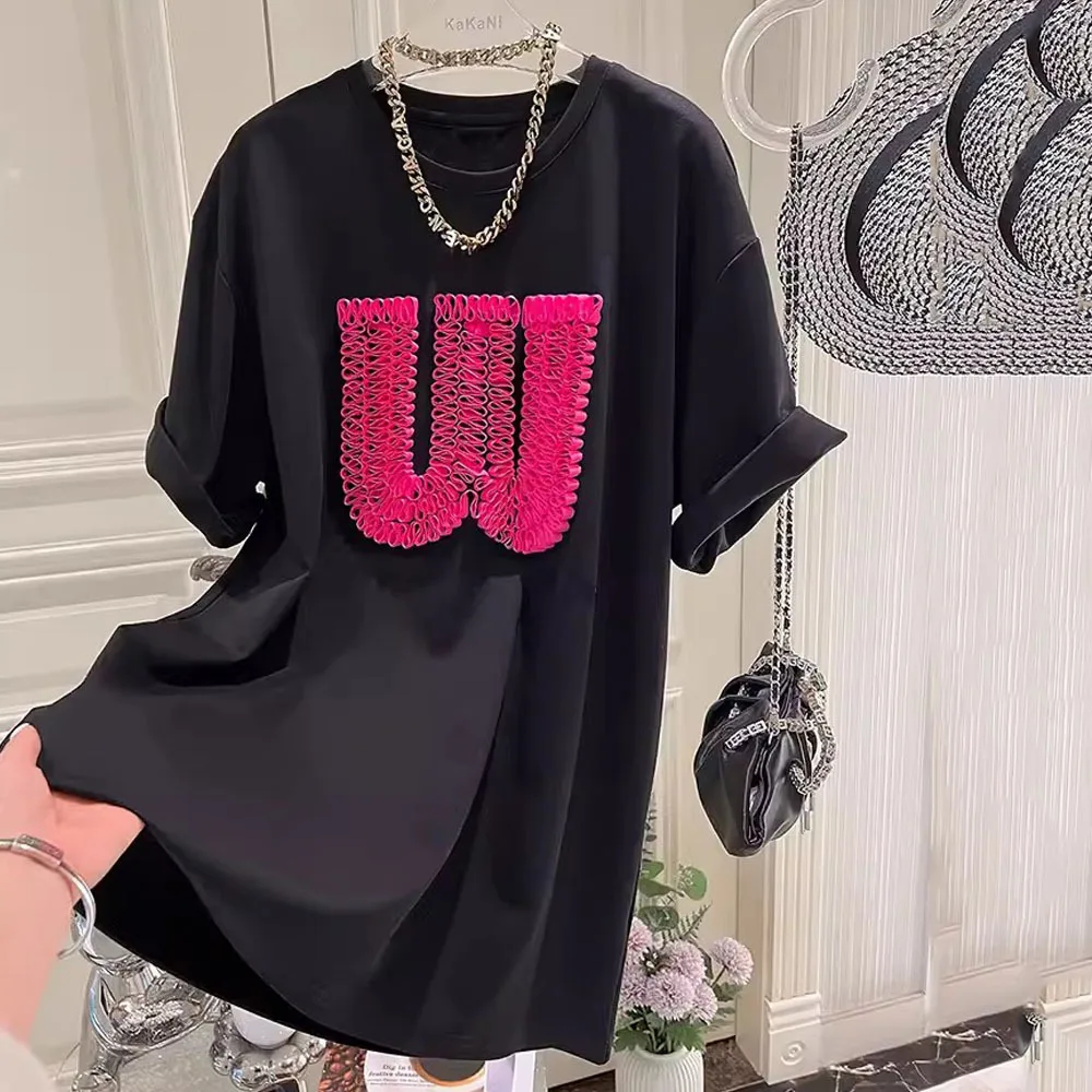 Women's Clothing Hot Sales Short Sleeved T-shirt Ladies Summer New Korean Loose Mid-length Letter Tops Female O-neck Cotton Tee