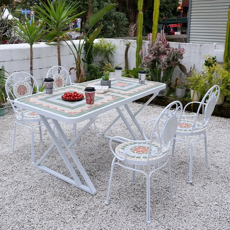 #Mengsheng outdoor tables and chairs courtyard open-air balcony garden leisure mosaic stainless steel table one table and four c