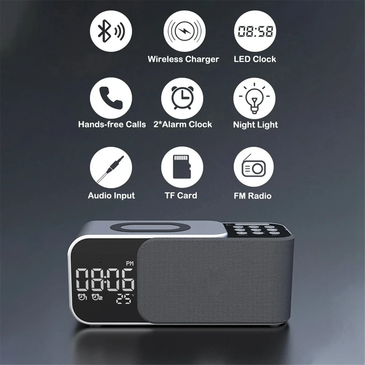 KK-B2-Digital Stereo FM Radio Alarm Clock Night Light Bluetooth Speaker 10W Wireless Charger-Black