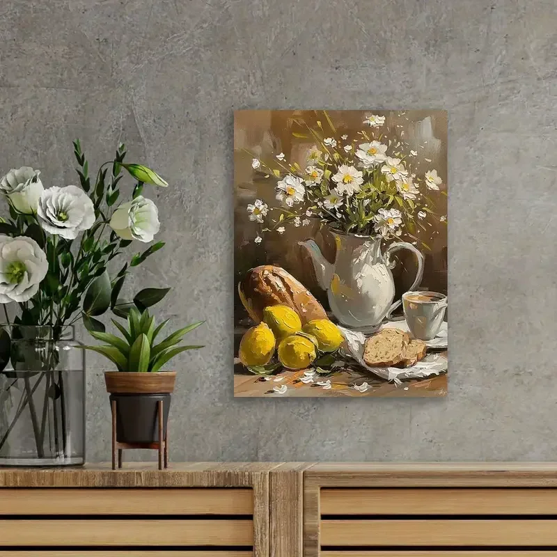 [2D Flat] 1pc Modern Still Life Oil Painting on Canvas - Rustic Traditional Contemporary No Framed Wall Art with White Daisies,