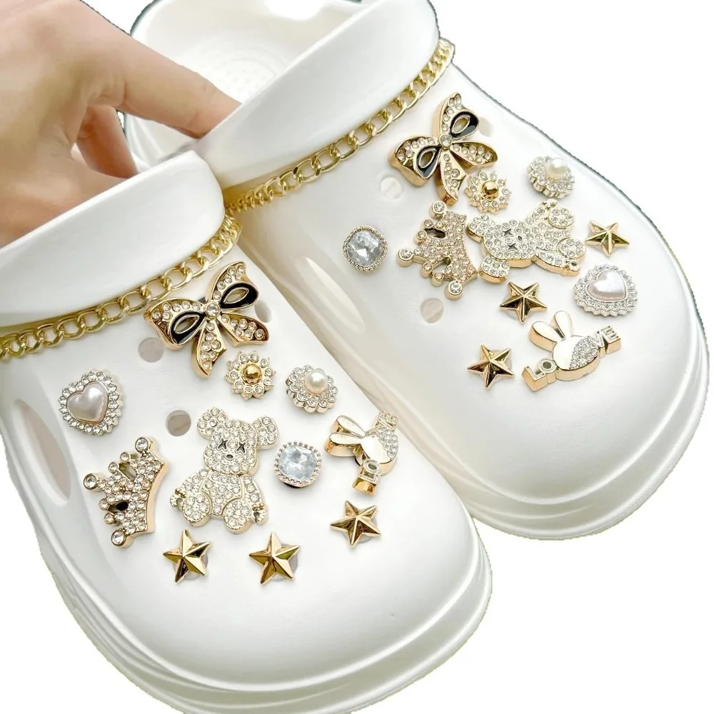 24PCS Luxury Design Shoe Charms Set Accessories for Clogs Shoe Buckle Gold Plated Bear Rhinestone Bow Chain DIY Shoes Decoration image 5