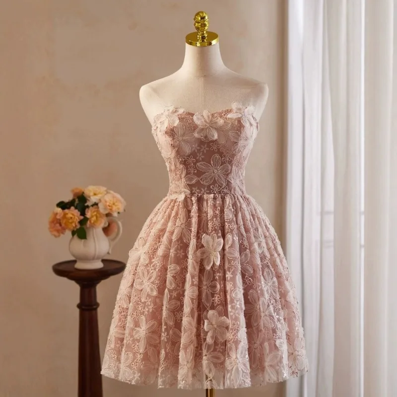 Pink Evening Gown with High-end Feel, Retro Mesh Short Design, Banquet, Annual Meeting, Birthday, Princess Dress, Temperament