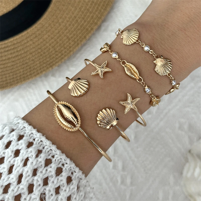 

5 Pcs/Set Simple Metal Shell Starfish Open Bangles for Women Boho Summer Stackable Cuff Bracelet Seaside Beach Party Jewelry