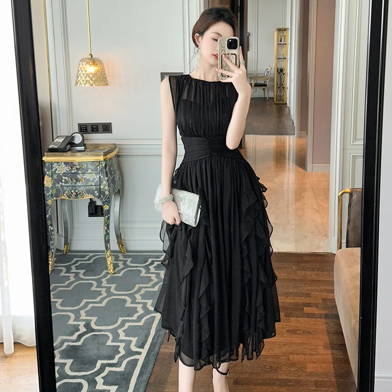 A-Leibniz - Summer, New, Women\'s Clothing Design, Pleats, Waist-slimming, Slimming, Ruffles, Purple, Chiffon Dress