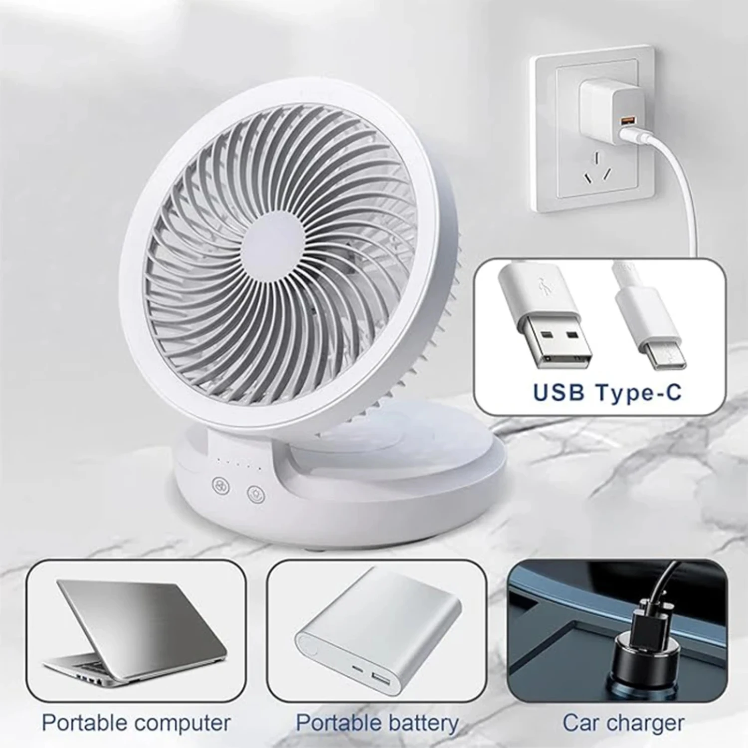 Ventilador de mesa con carga USB, ventilador multifuncional de escritorio silencioso, viento fuerte, 3 velocidades, ajustable, para oficina