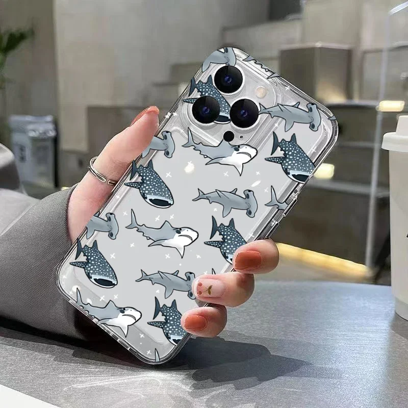 Summer Ocean Animals Shark Dolphin Fish Transparent Phone Case For iPhone 16 Pro Max 15 14 Plus 13 12 11 Shockproof Bumper Cover