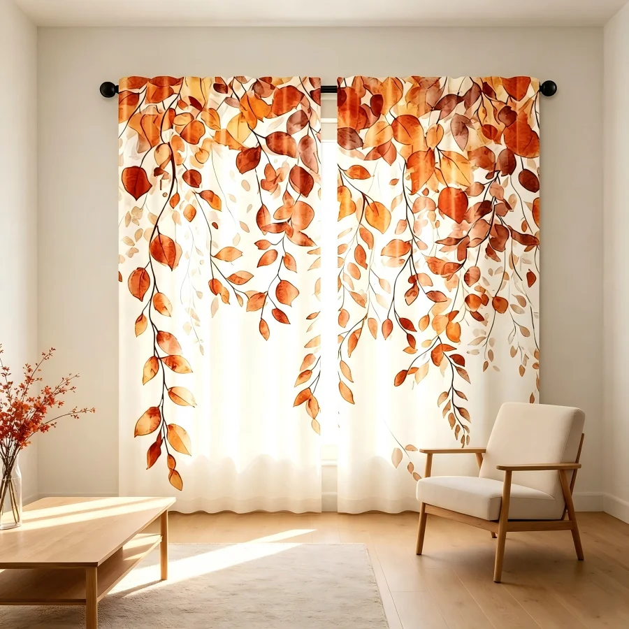 2PCS Digital Print Curtain, Hanging Autumn Orange Leaves Watercolor Pattern, Fall Rustic Style for Living Room Bedroom Decor