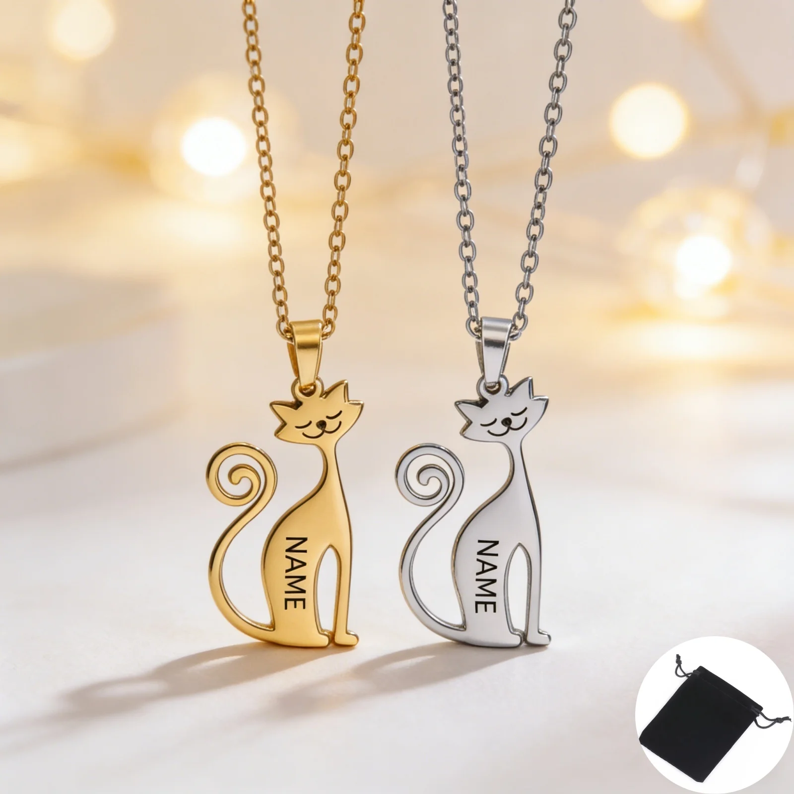 Customized Name Text Couple Cat Necklace Stainless Steel Funny Animal Pet Kitten Neck Chain Fashion Valentine's Day Gift