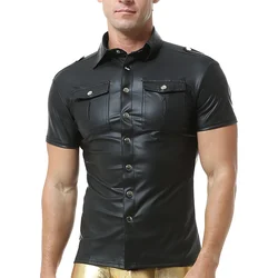 Sexy Faux Leather Men Button Up Shirt Short Sleeve Leather Shaping Tee Top Male Turn-down Collar Casual Shirt Sexi Stage Costume