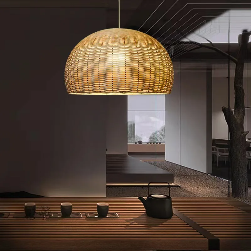 New Design Bamboo Wooden  Rattan Japanese Asia Chinese Style Simple Handmade Wood E27 Good Quality Kithcen Pendant Lamp