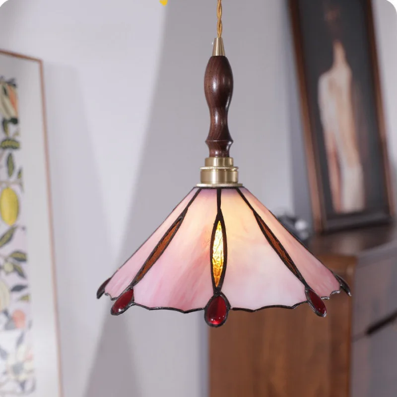 French Vintage Taper Colorful Glass Pendant Lights Wooden Ceiling Chandelier Living Room Bedroom Restaurant Kitchen Hanging Lamp
