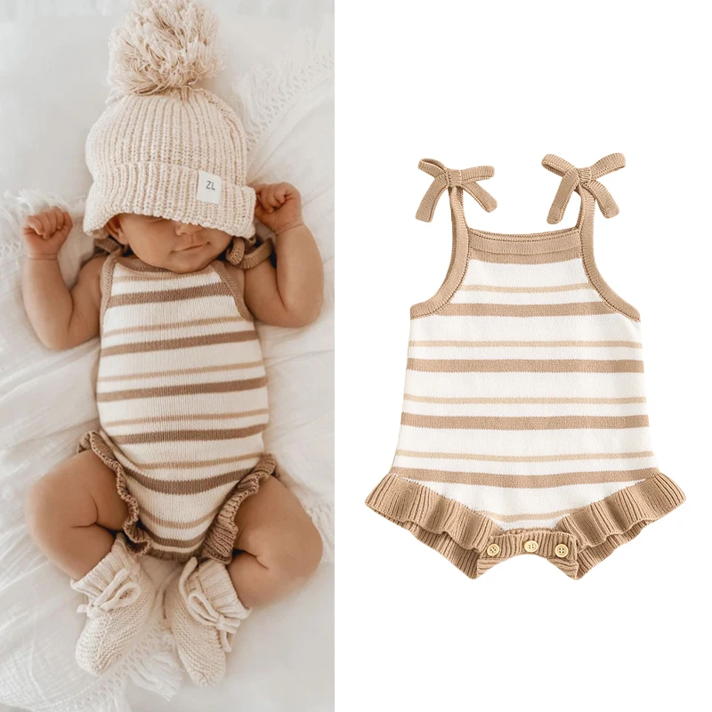 FOCUSNORM 0-18M Lovely Baby Girls Boys Summer Cute Romper Sleeveless Bow Strap Ruffle Striped Ribbed Jumpsuits Playsuit