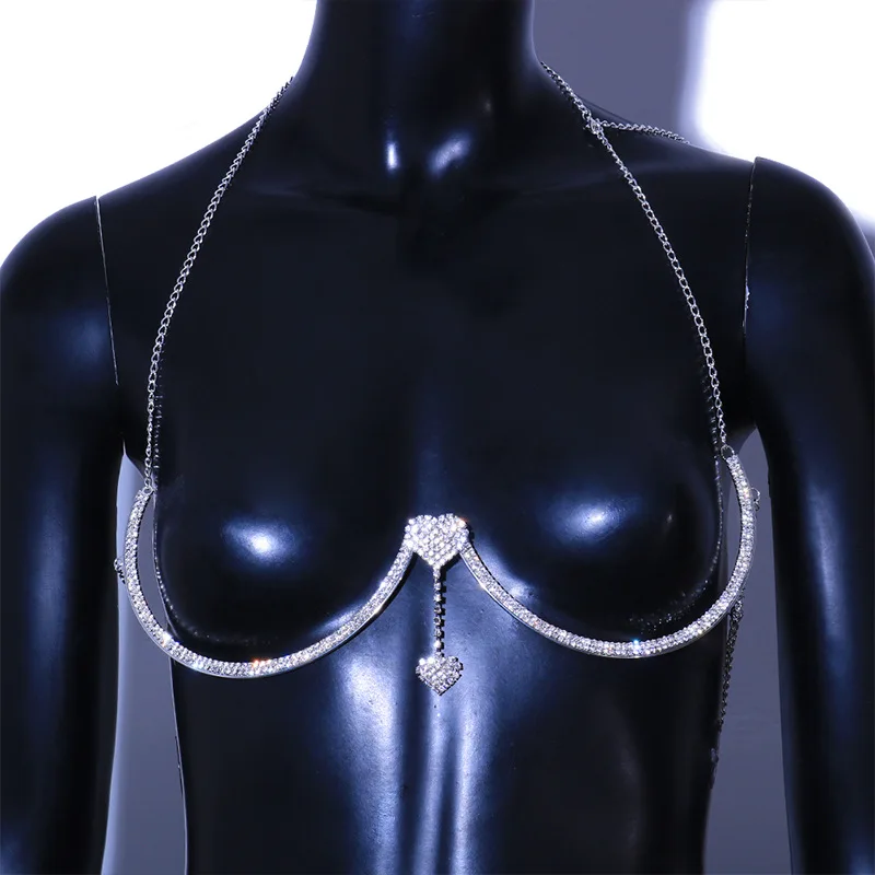 Chest Bracket Double Pendant Heart Bras Chain Necklace Body Jewelry Rhinestone Top Fashion Gift Beach Bikini Swimwear Women